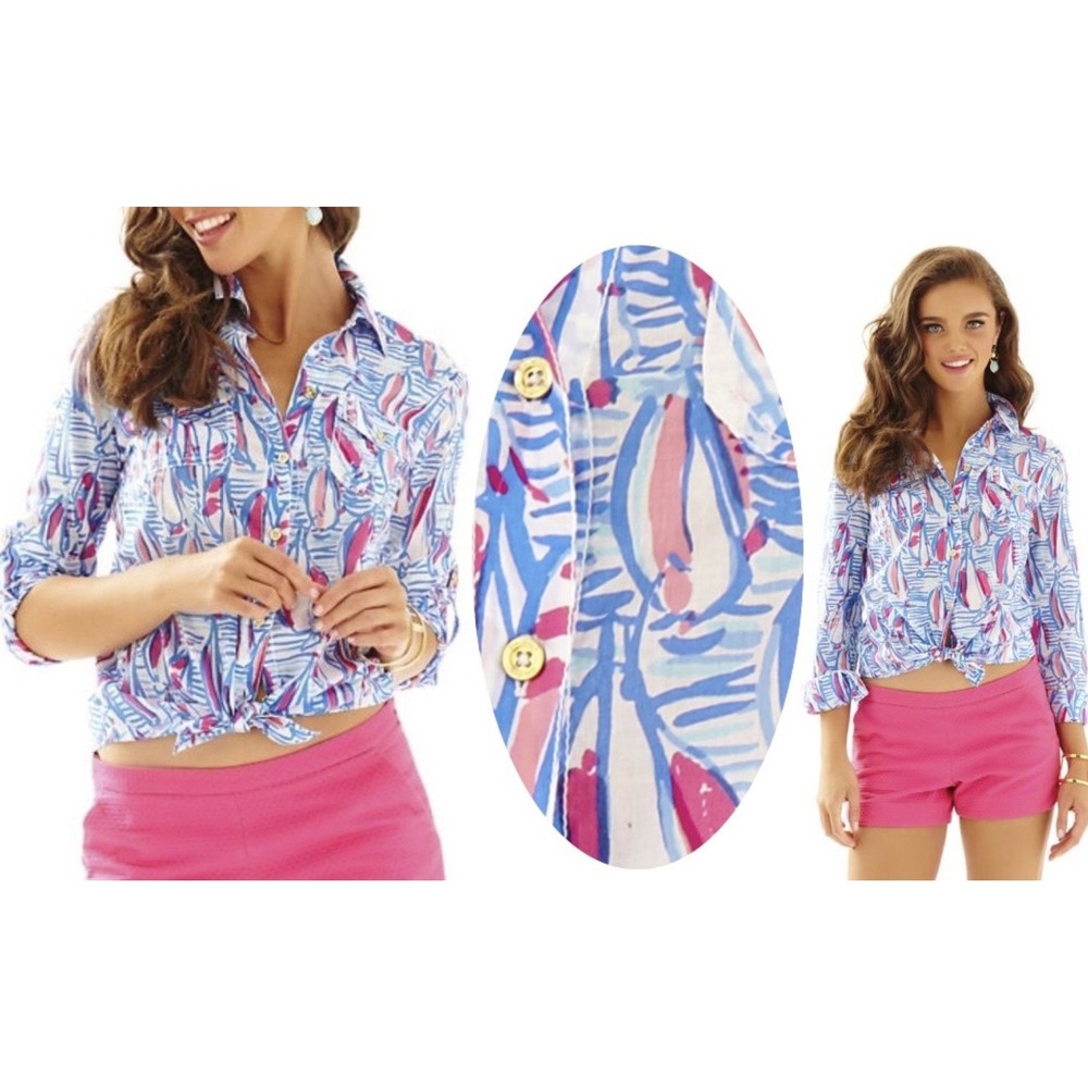 Lilly Pulitzer Smooth Sailing Sailboat Print Button Down Shirt Blue Pink 00